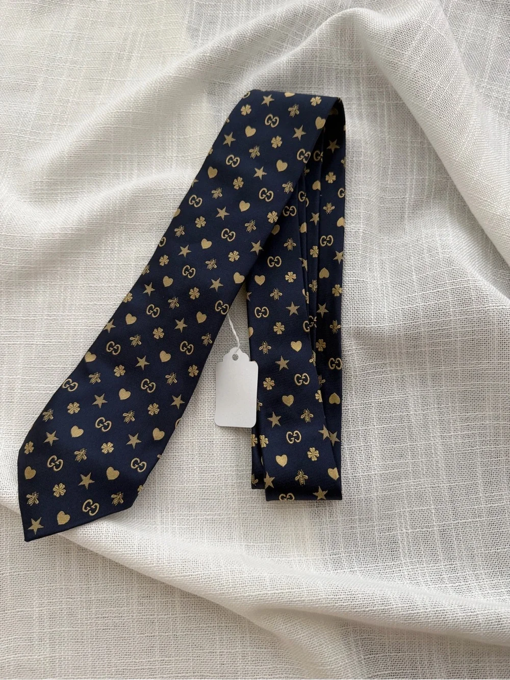 Authentic Gucci GG Hearts Stars Bee Silk Tie Navy Made in Italy